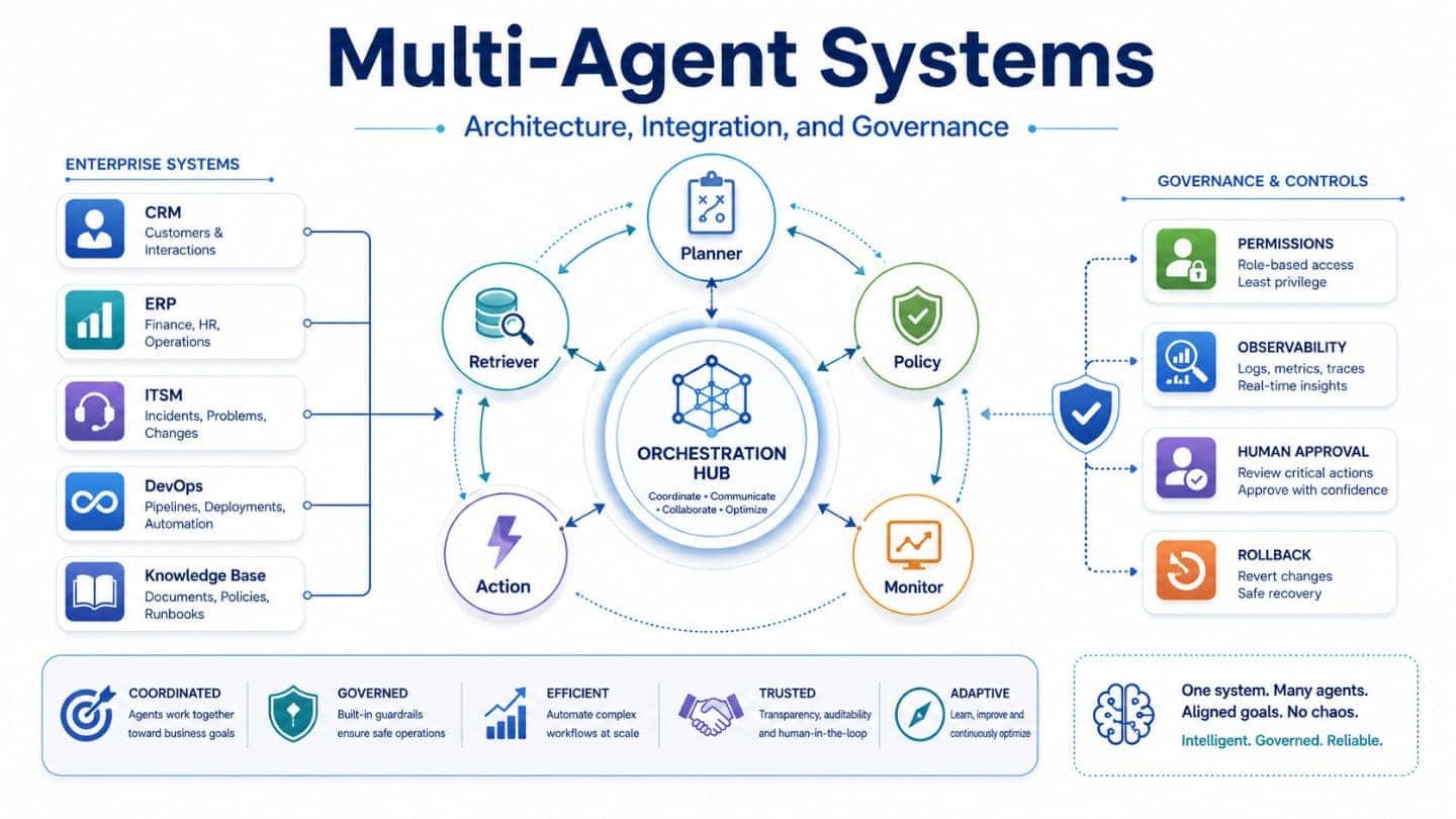 Multi-agent systems architecture with orchestration, enterprise integrations, and governance controls.