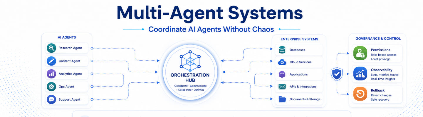 Multi-agent systems banner with AI agents, orchestration hub, and enterprise governance.